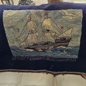 Vintage hand hooked‎ rug with the Mayflower II design.